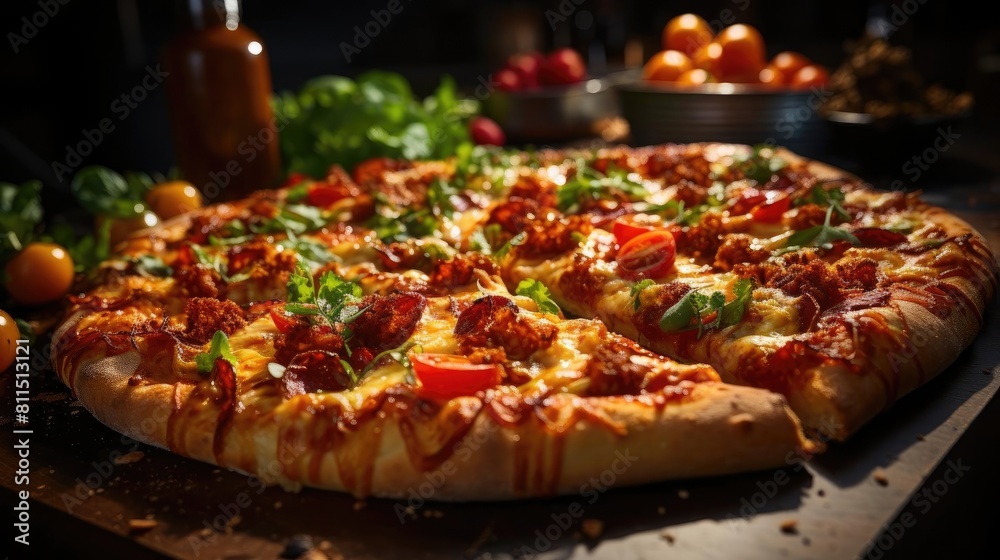 full pizza with vegetables and meat on wooden table with blur background full pizza with vegetables and meat on wooden table with blur background