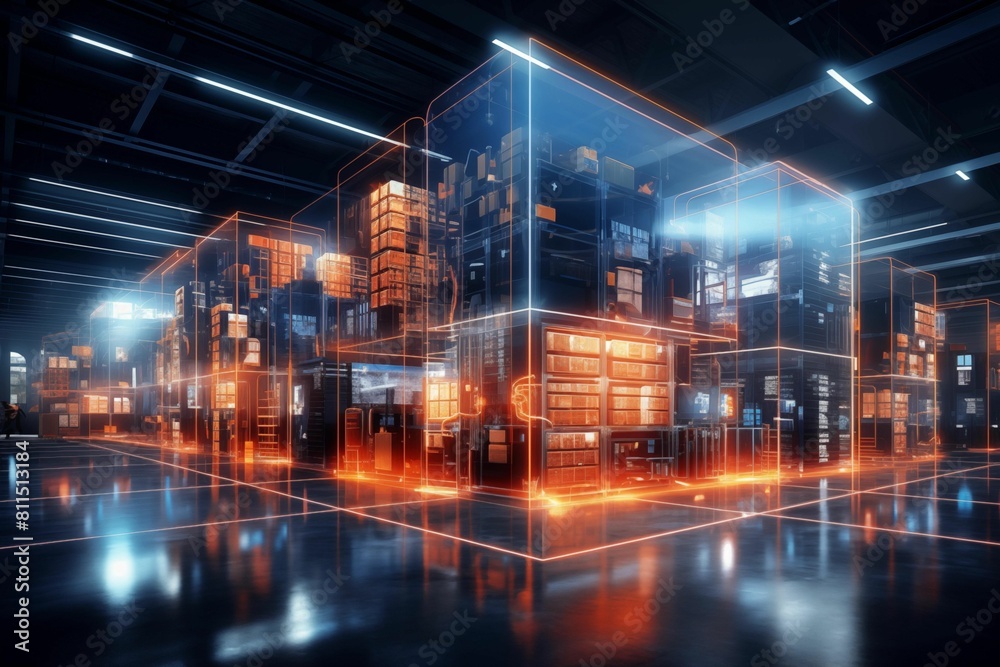 3D rendering of digital warehouse with boxes and data visualizations, futuristic technology concept, smart storage design. Generative ai 3D rendering of digital warehouse with boxes and data visualizations, futuristic technology concept, smart storage design. Generative ai