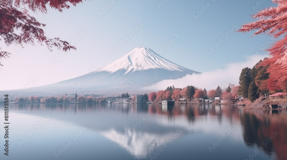 Volcano and calm lake. Nature landscape