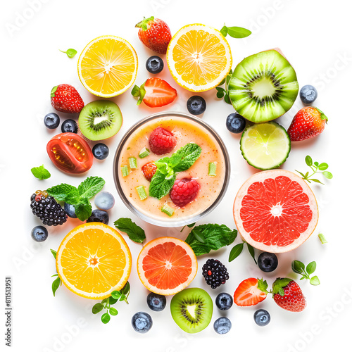 Creative layout made of smoothie and fruits around. Flat lay of fruit milkshake. Food concept. Top view of smoothie and fruits isolated on white background.