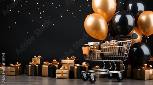 front view of black friday sale background with balloon ornaments, gift boxes and shopping carts