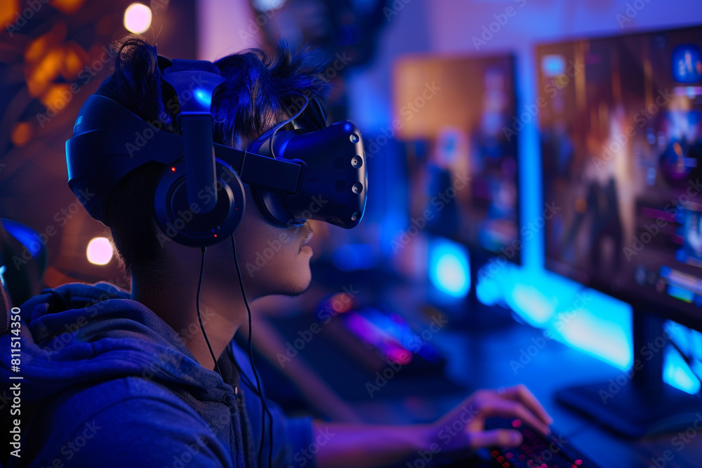 Using AI virtual reality gear, gamers immerse themselves in highly realistic settings. Using AI virtual reality gear, gamers immerse themselves in highly realistic settings.
