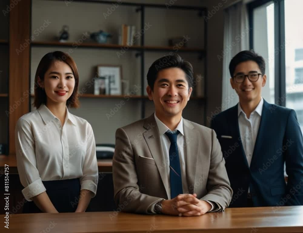 Portrait of business team, a happy and motivated group of employees wearing formal dress in the office Generative AI Portrait of business team, a happy and motivated group of employees wearing formal dress in the office Generative AI