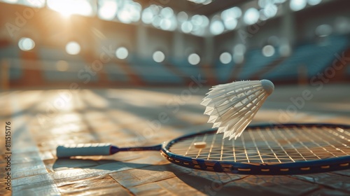 A badminton racket alongside a feather shuttlecock, placed on a court floor. Summer Olympic Games photo