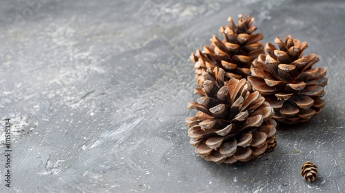 Group of three full pine cones on a grey stone surface photo