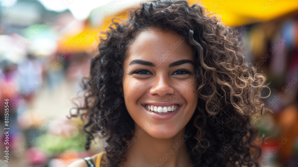 Portrait of a young woman with curly hair smiling cheerfully at a traditional market, with a slightly blurred background. Ai generated Images Portrait of a young woman with curly hair smiling cheerfully at a traditional market, with a slightly blurred background. Ai generated Images