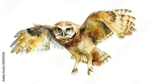 Be cute and admire the lovely, simple watercolor painting of a baby owl learning to fly, Clipart minimal watercolor isolated on white background