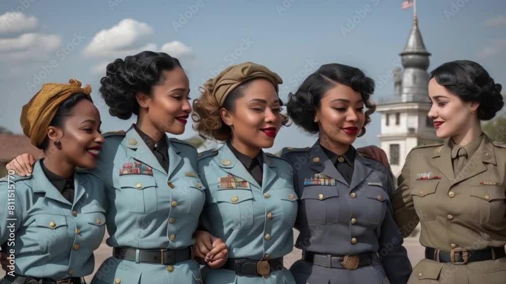 Group of soldiers in uniform, female military personnel, happy young independent women, group of girls from different races Generative AI Group of soldiers in uniform, female military personnel, happy young independent women, group of girls from different races Generative AI