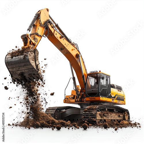 Dynamic angle showing the excavator in mid-operation, dirt clods falling from the bucket, vibrant action on a white background photo