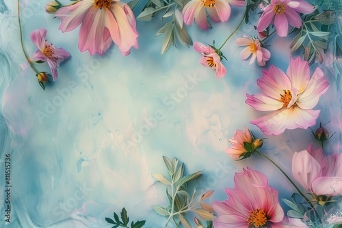 Beautiful spring flowers adorn the botanical template, perfect for a readytouse card in soft pastels, Watercolor design Blank frame template Sharpen with large copy space on center