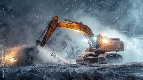 Dynamic view of an excavator operating at night, lights on the machinery creating a dramatic scene against a pure white sky