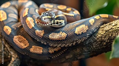 Gigantic Columbian Python Showcases Intricate Baroque Markings While Coiled Around a Rainforest Tree Branch Generative ai photo