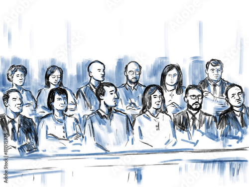 Pastel pencil pen and ink sketch illustration of a courtroom trial setting a jury of twelve 12 peers person juror on a court case drama in judiciary court of law and justice.