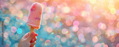 A single Paddle Pop ice cream held in a child's hand, with a big, joyful smile. Position it on the left side of the banner. Copyspace on the right. photo