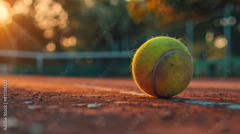 A close up of a tennis ball on a clay court with the sun setting in the background.