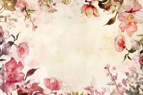 Beautiful spring flowers adorn the botanical template, perfect for a readytouse card in soft pastels, Watercolor design Blank frame template Sharpen with large copy space on center photo