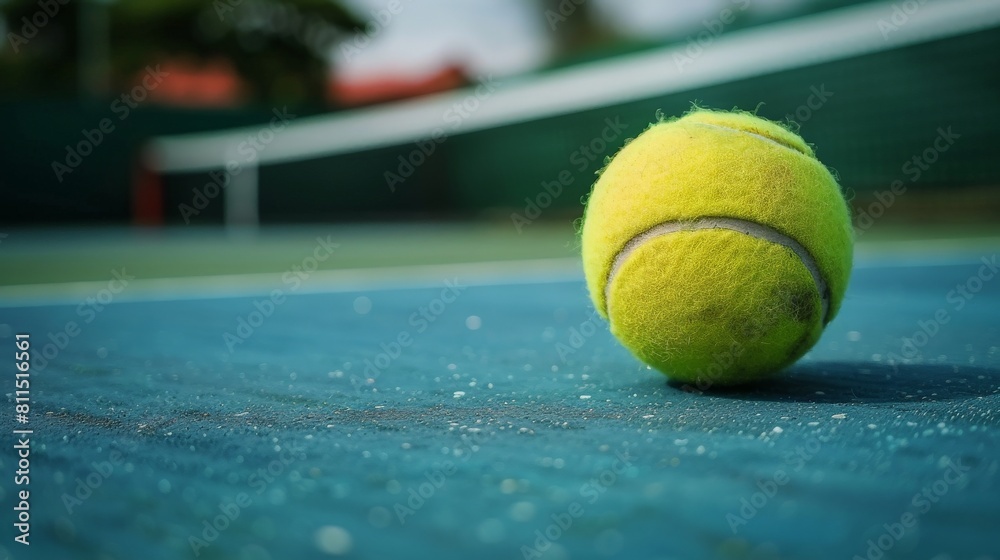 A close up of a used tennis ball on a blue hard court with a blurred background.
