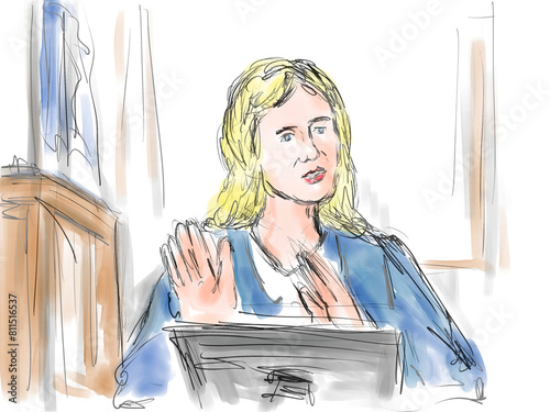 Pastel pencil pen and ink sketch illustration of a courtroom trial setting with judge and a female defendant, plaintiff, witness testifying on the stand in judiciary court of law and justice.