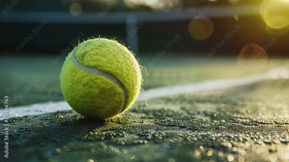 A close up of a wet tennis ball on a tennis court with the sun in the background.