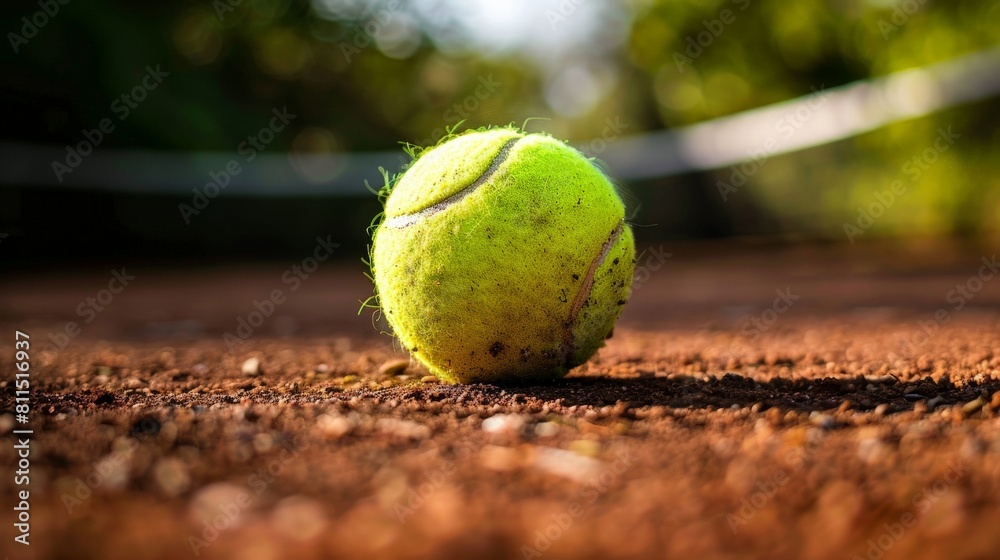 A close up of a used tennis ball on a clay court