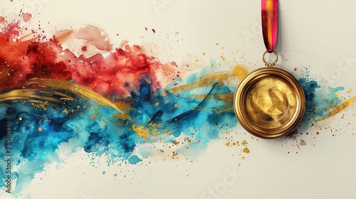A gold medal hanging on the ribbon, red and blue paint splashes background.
