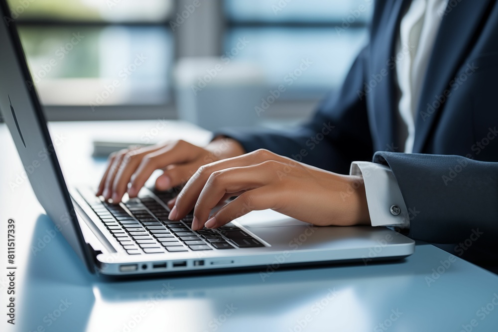 Closeup of female hands typing on a laptop keyboard. A business woman working in the office at day in the style of digital business concept background. Generative ai Closeup of female hands typing on a laptop keyboard. A business woman working in the office at day in the style of digital business concept background. Generative ai