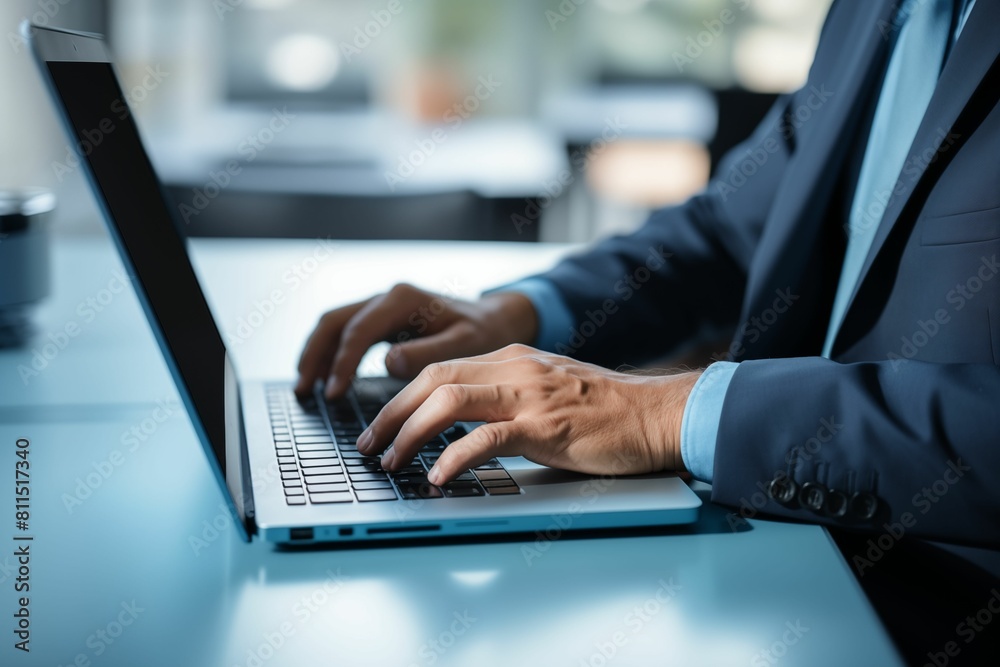 Close up of hands typing on a laptop, in the style of a business concept background with a blue color scheme. Generative ai Close up of hands typing on a laptop, in the style of a business concept background with a blue color scheme. Generative ai