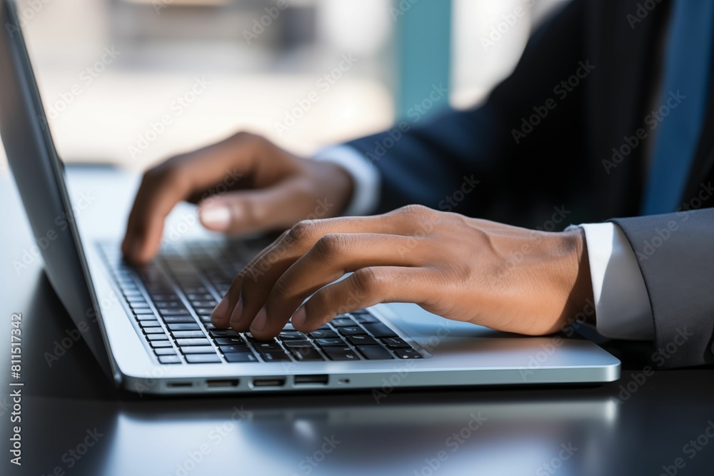 Close up of hands typing on a laptop, in the style of a business concept background with a blue color scheme. Generative ai Close up of hands typing on a laptop, in the style of a business concept background with a blue color scheme. Generative ai