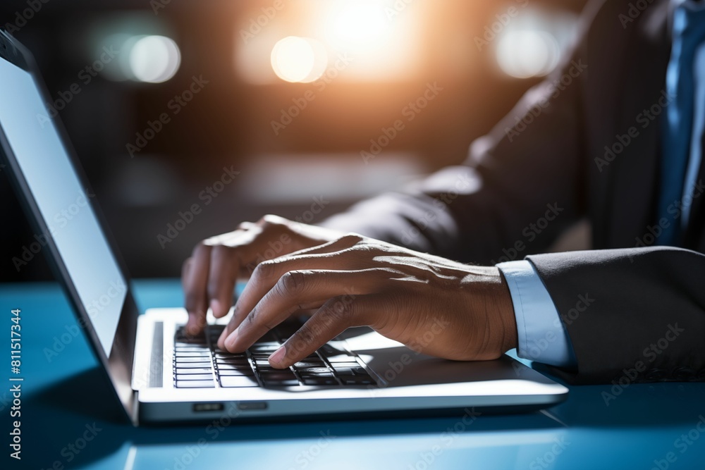 Close up of hands typing on a laptop, in the style of a business concept background with a blue color scheme. Generative ai Close up of hands typing on a laptop, in the style of a business concept background with a blue color scheme. Generative ai