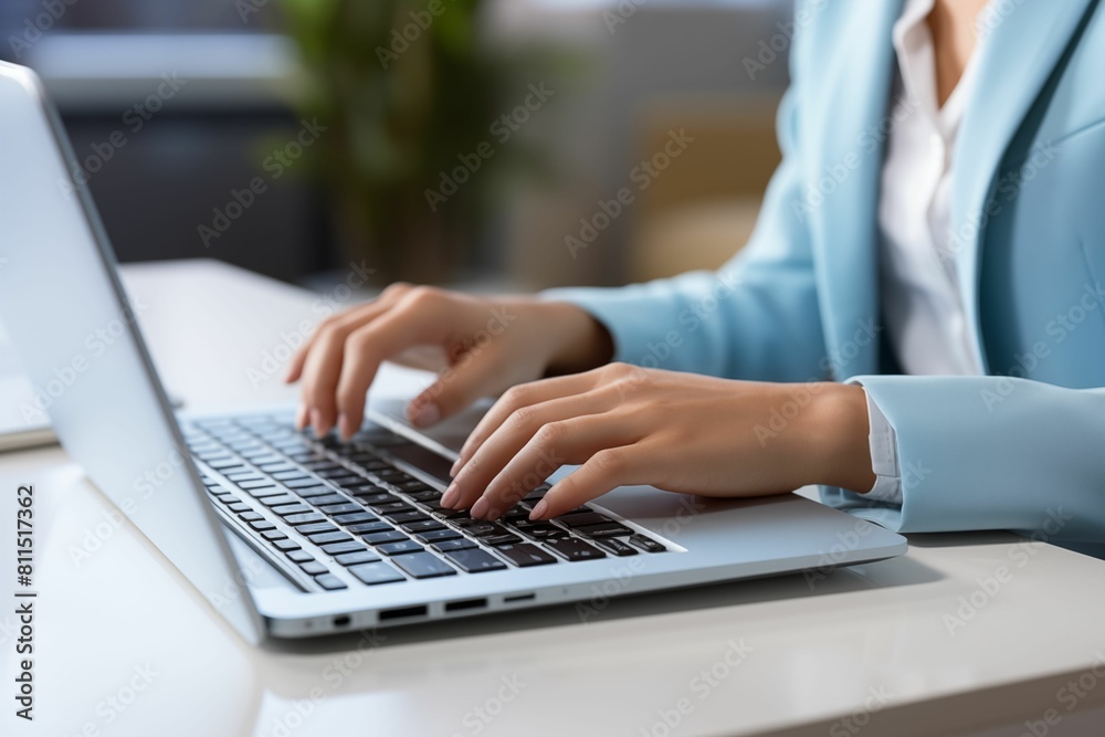 Closeup of female hands typing on a laptop keyboard. A business woman working in the office at day in the style of digital business concept background. Generative ai Closeup of female hands typing on a laptop keyboard. A business woman working in the office at day in the style of digital business concept background. Generative ai