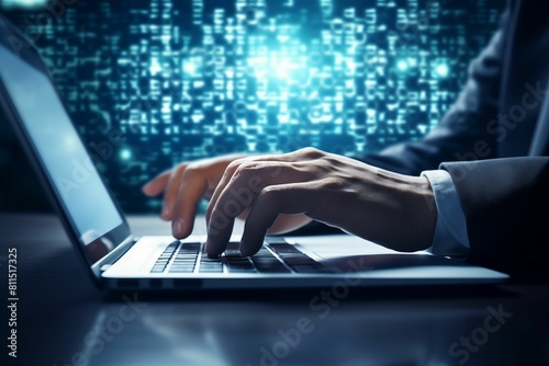 Close up of hands typing on a laptop with glowing hologram graphs and numbers displayed, in the style of a business concept background with a blue color scheme. Generative ai