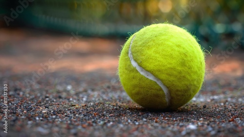 A close up of a used tennis ball on a clay court
