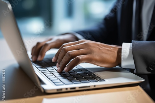 Close up of hands typing on a laptop, in the style of a business concept background with a blue color scheme. Generative ai