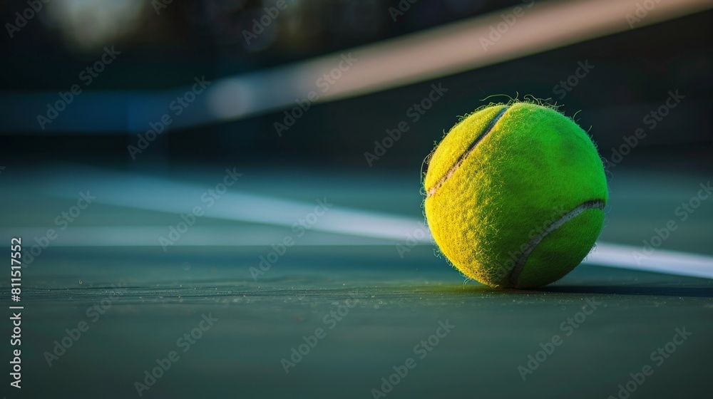 A close up of a used tennis ball on a hard court with the net in the background.