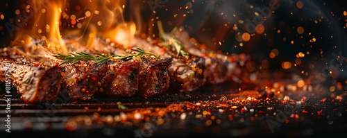 A close-up shot of a rack of lamb chops being seasoned with herbs and spices, positioned on the left side of the banner with copyspace on the right.