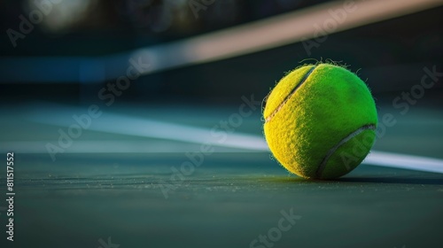 A close up of a used tennis ball on a hard court with the net in the background. © Sittipol 