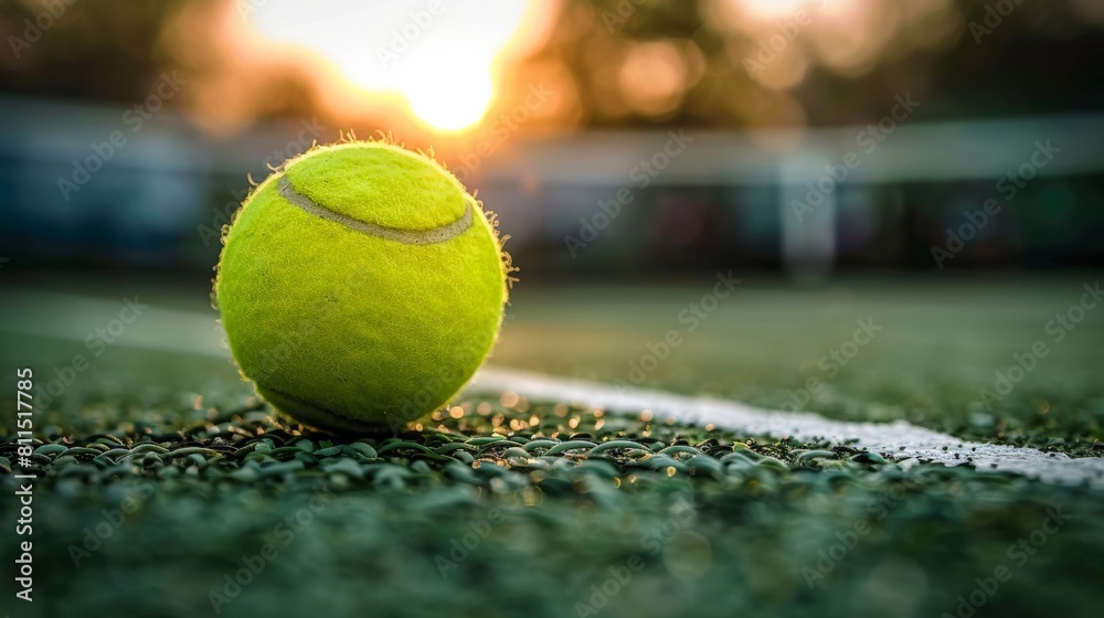 A close up of a tennis ball on the court with the sun in the background