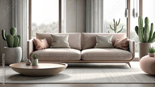 Modern interior design of the living room with two pastel pink sofas, a wooden coffee table and a green cactus in a pot near a window on a gray wall background. 