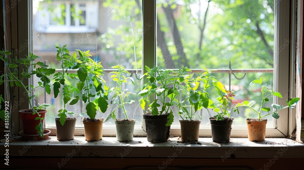 Growing plants in soil Seedlings developed from seeds indoors in containers on the windowsill in anticipation of the farming season Tomato seedlings on the windowsill Growing plants in soil Seedlings developed from seeds indoors in containers on the windowsill in anticipation of the farming season Tomato seedlings on the windowsill