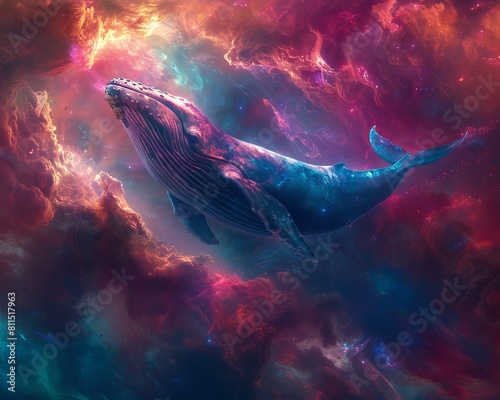 An artistic rendering depicts a colorful whale swimming through a sea of brightly colored clouds.
