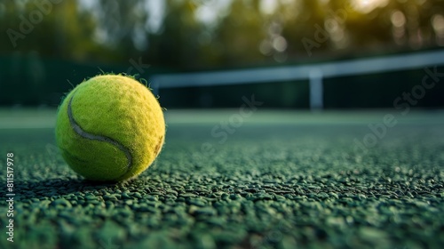 A close up of a tennis ball on a tennis court with the net in the background