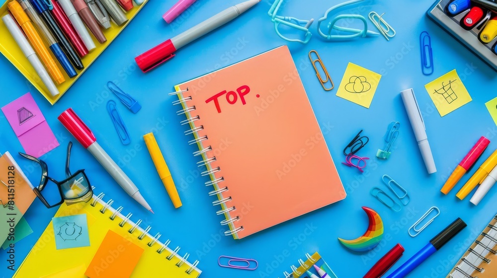 A creative flat lay featuring a notebook with Top Talent written on it, surrounded by postits and markers emphasizing recruitment ideas A creative flat lay featuring a notebook with Top Talent written on it, surrounded by postits and markers emphasizing recruitment ideas