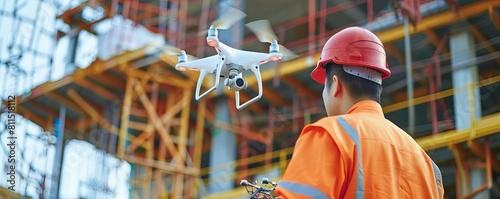 A construction site using drones and sensors to monitor project progress, ensuring ontime and withinbudget completion photo