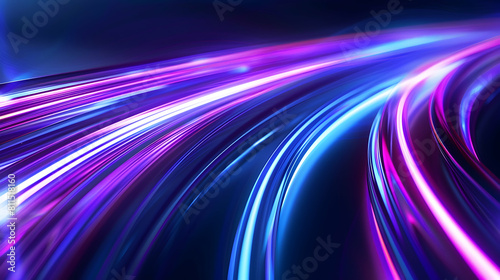 Abstract curved light lines in blue and purple colors on dark background. Glowing neon effect with motion blur for futuristic technology