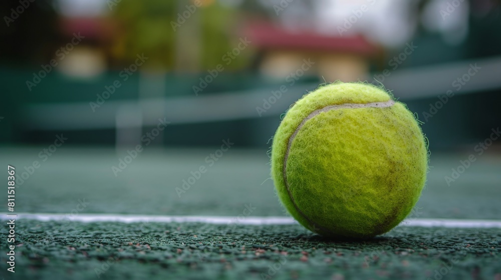 A close up of a used tennis ball on a green court with the net in the background.
