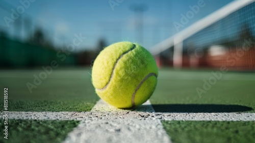 A close up of a tennis ball on the court with the net in the background photo