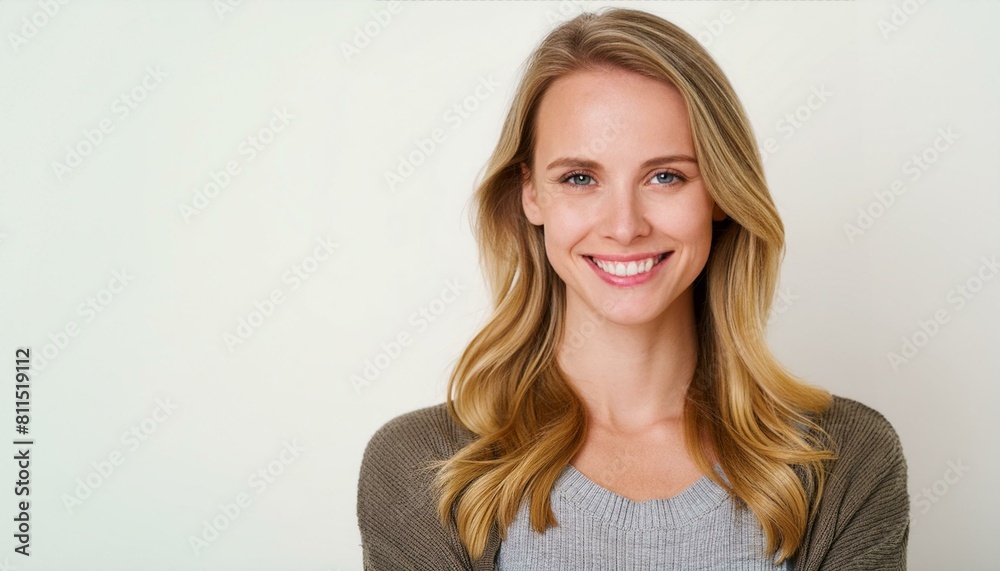 portrait of young happy woman looks in camera on white background portrait of young happy woman looks in camera on white background