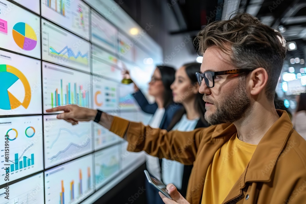 A data analyst explaining key insights to an executive team, pointing at charts on a large digital whiteboard A data analyst explaining key insights to an executive team, pointing at charts on a large digital whiteboard