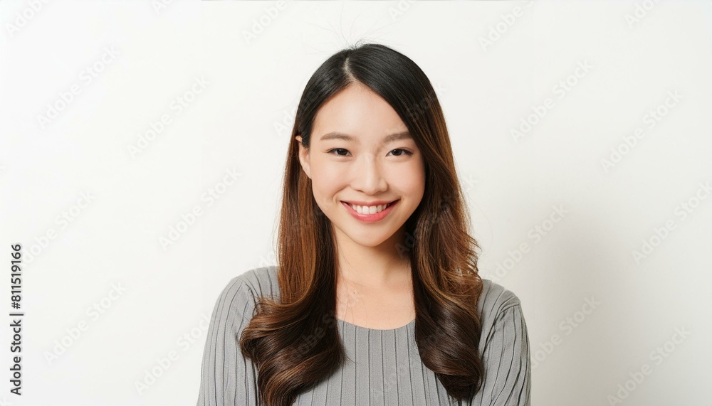 portrait of young happy woman looks in camera on white background portrait of young happy woman looks in camera on white background