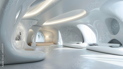 an abstract futuristic interior design with a white background